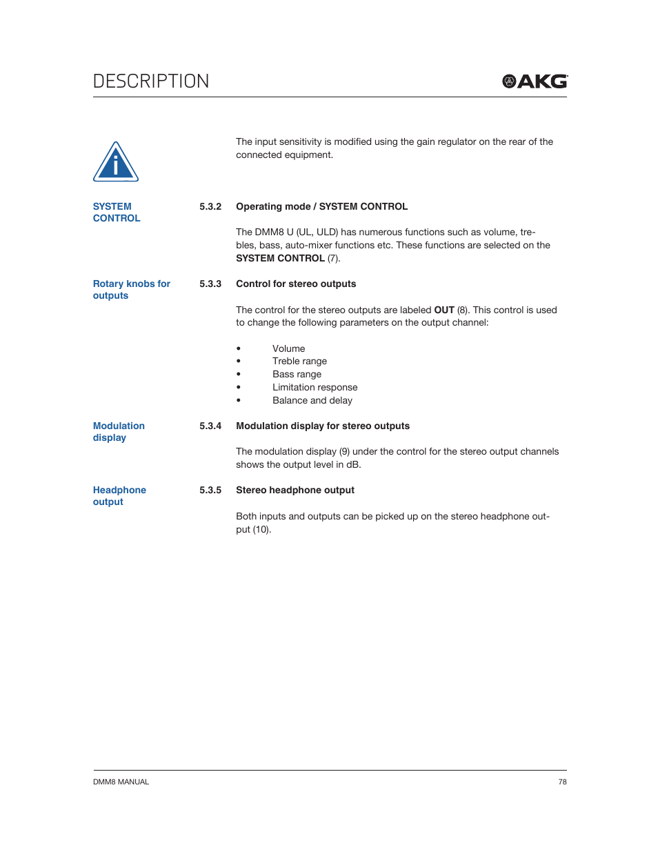 Description | Akg DMM8 ULD Digital Automatic Microphone Mixer with LAN and DANTE Interface User Manual | Page 78 / 259