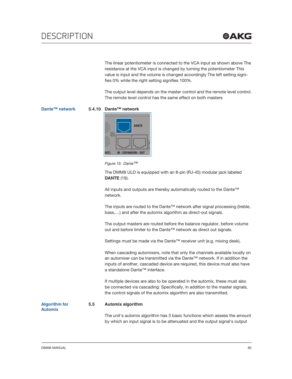 Description | Akg DMM8 ULD Digital Automatic Microphone Mixer with LAN and DANTE Interface User Manual | Page 85 / 259