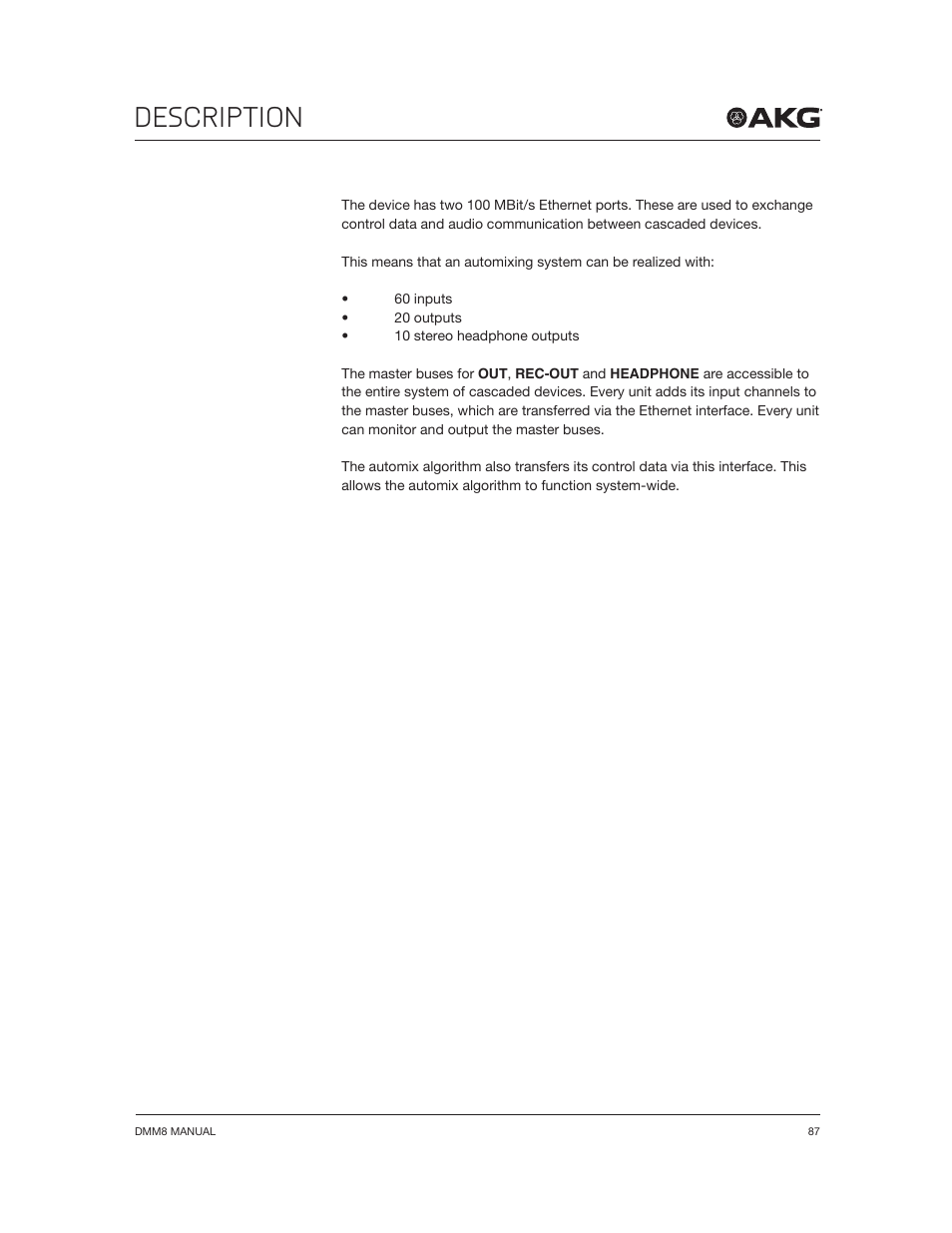Description | Akg DMM8 ULD Digital Automatic Microphone Mixer with LAN and DANTE Interface User Manual | Page 87 / 259