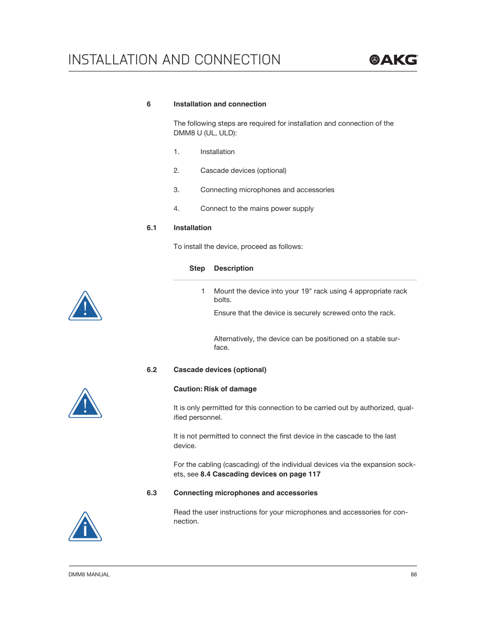 Installation and connection | Akg DMM8 ULD Digital Automatic Microphone Mixer with LAN and DANTE Interface User Manual | Page 88 / 259