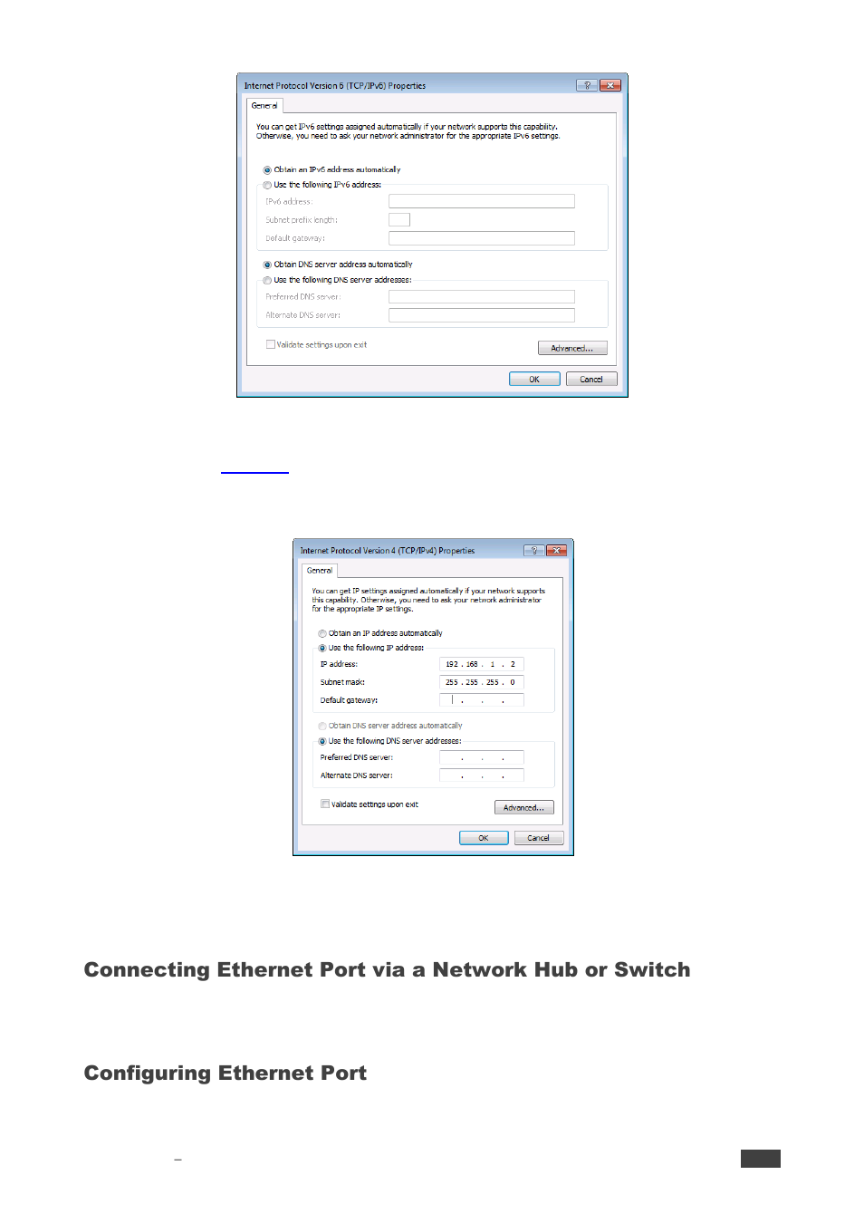Configuring ethernet port, Connecting, Ethernet port via a network hub | Figure 10 | Kramer 4x4 Audio and Dante Mixer User Manual | Page 13 / 53