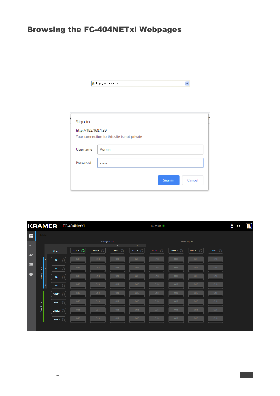 Browsing the fc, Browsing the fc-404netxl webpages | Kramer 4x4 Audio and Dante Mixer User Manual | Page 15 / 53