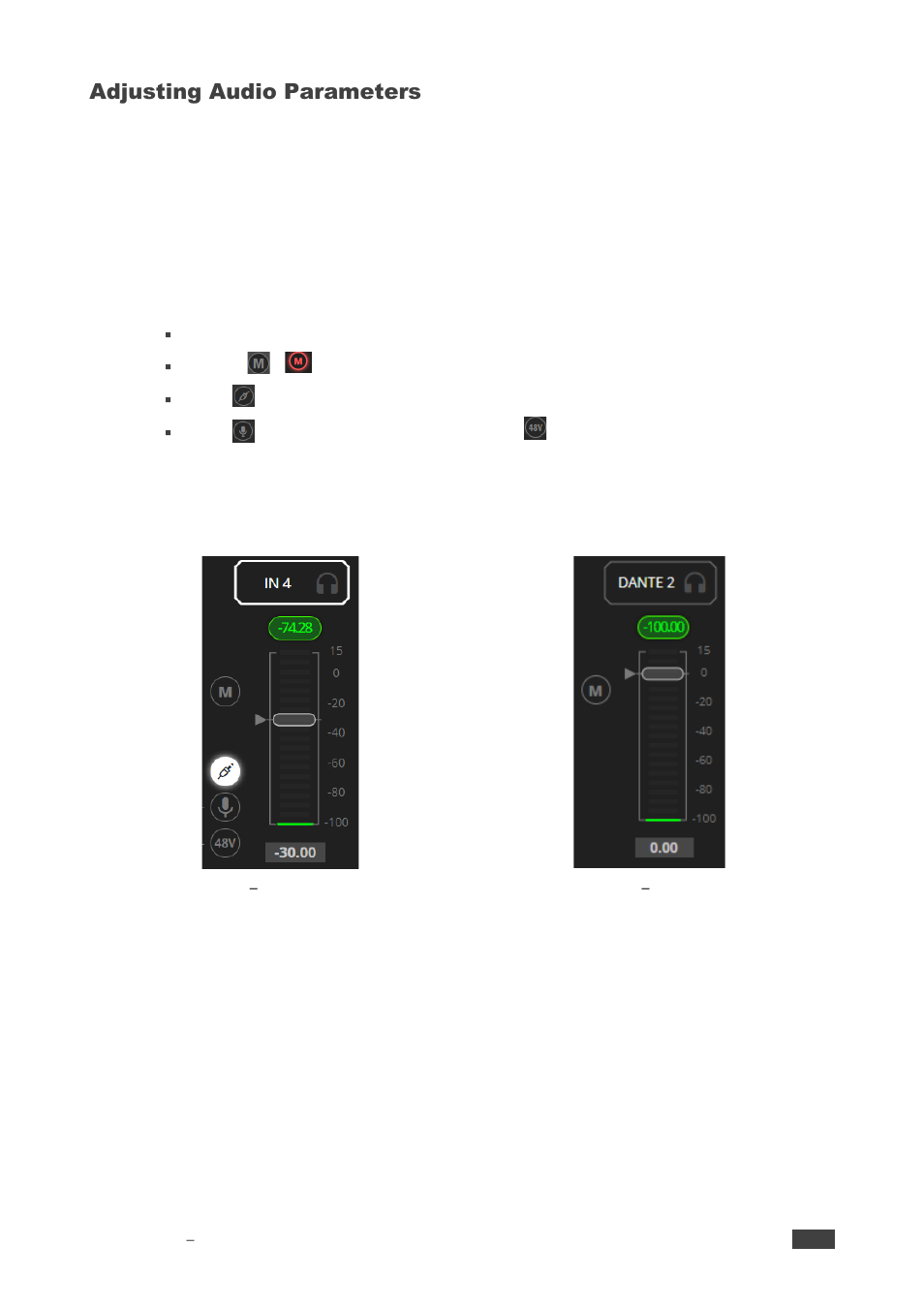 Adjusting audio parameters, Adjusting analog audio input parameters, Adjusting analog audio input | Parameters | Kramer 4x4 Audio and Dante Mixer User Manual | Page 24 / 53