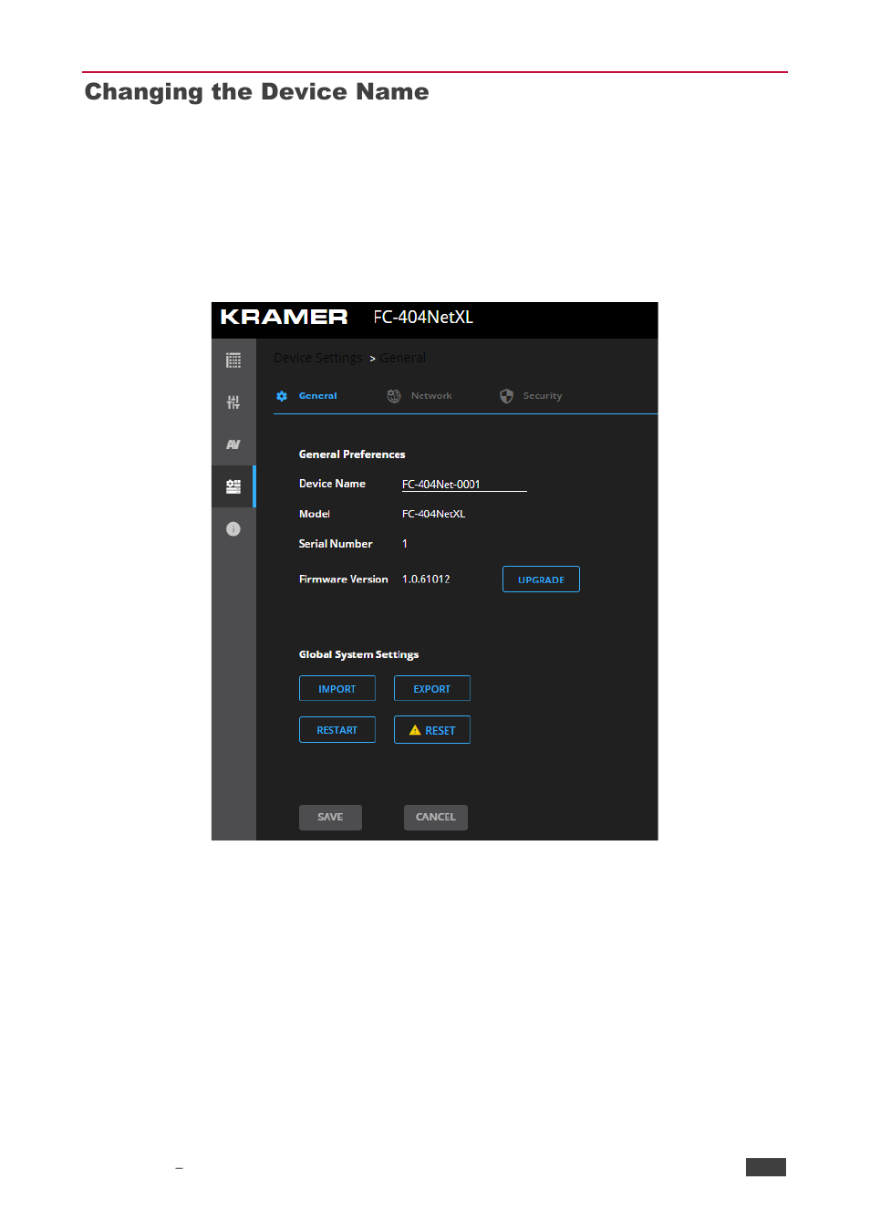 Changing the device name | Kramer 4x4 Audio and Dante Mixer User Manual | Page 27 / 53