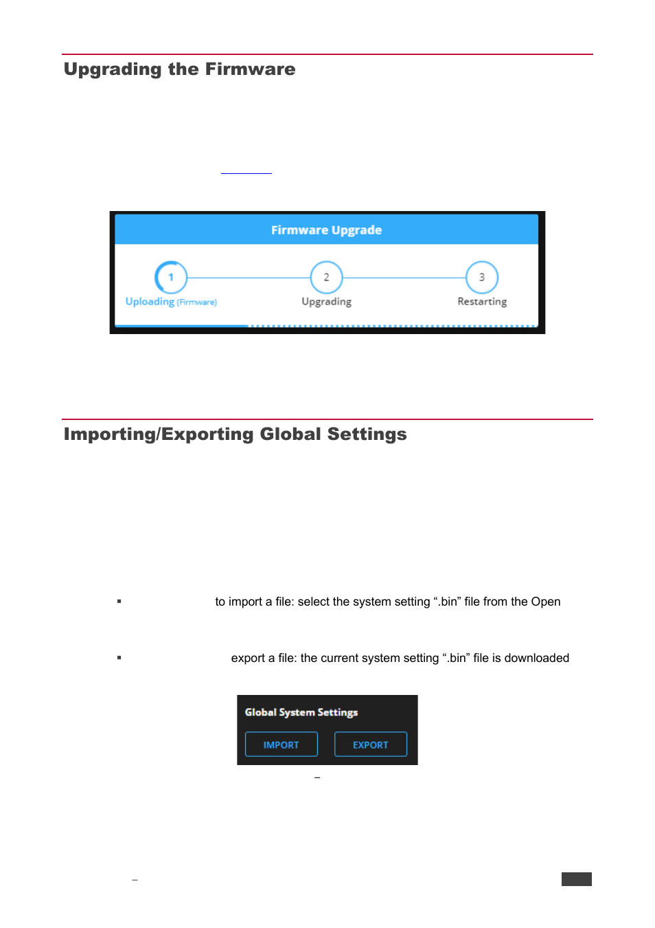 Upgrading the firmware, Importing/exporting global settings | Kramer 4x4 Audio and Dante Mixer User Manual | Page 28 / 53