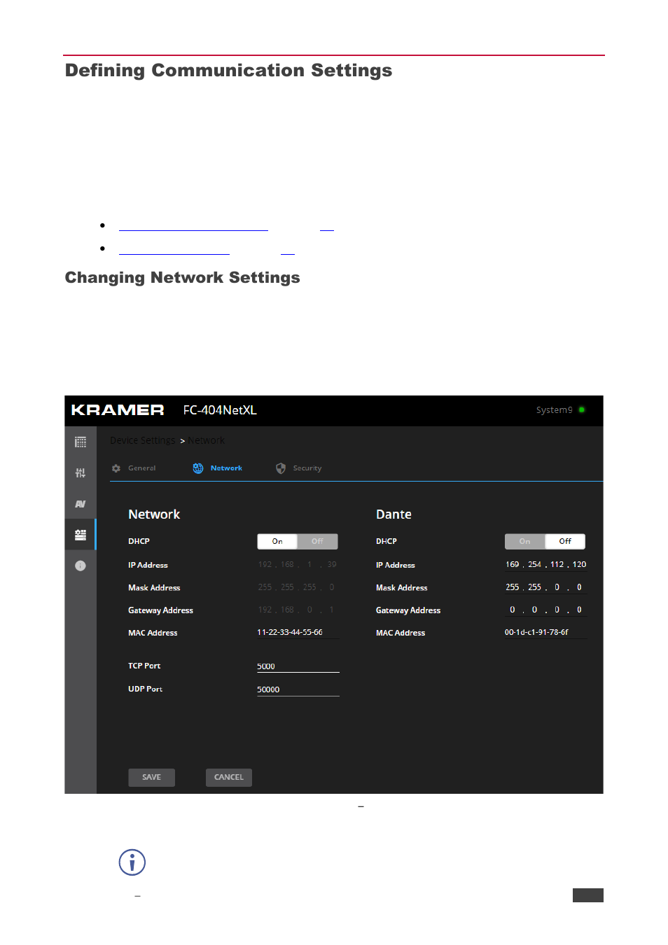 Defining communication settings, Changing network settings | Kramer 4x4 Audio and Dante Mixer User Manual | Page 30 / 53