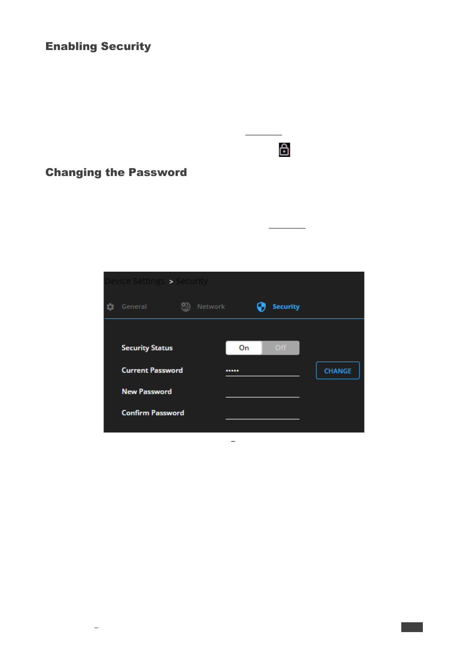 Enabling security, Changing the password | Kramer 4x4 Audio and Dante Mixer User Manual | Page 33 / 53