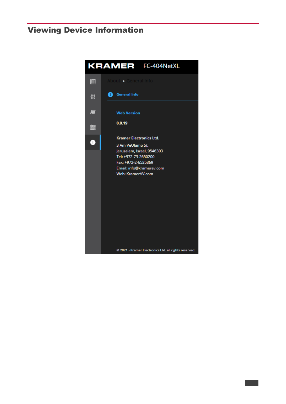Viewing device information | Kramer 4x4 Audio and Dante Mixer User Manual | Page 34 / 53