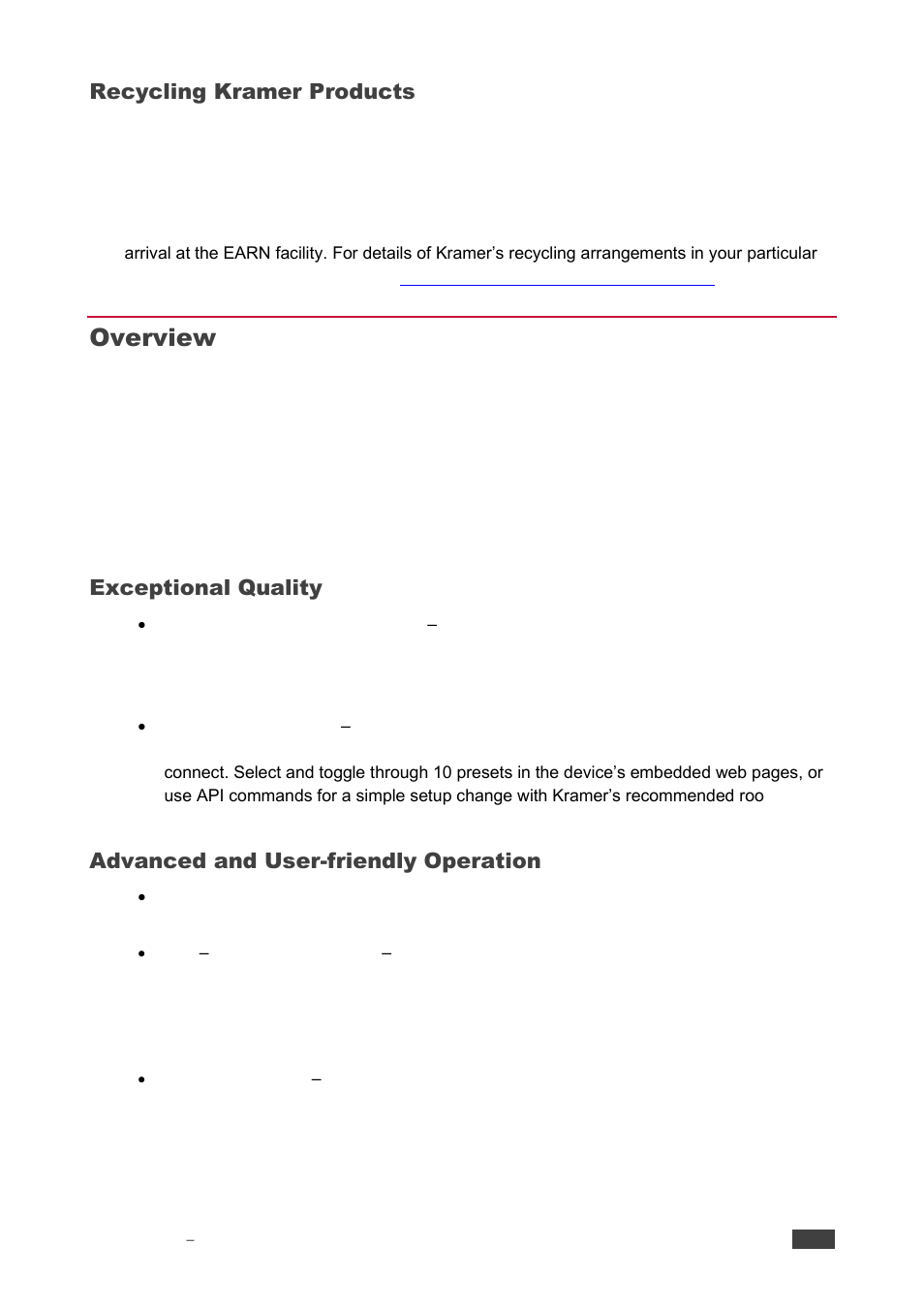 Recycling kramer products, Overview, Exceptional quality | Advanced and user-friendly operation | Kramer 4x4 Audio and Dante Mixer User Manual | Page 4 / 53
