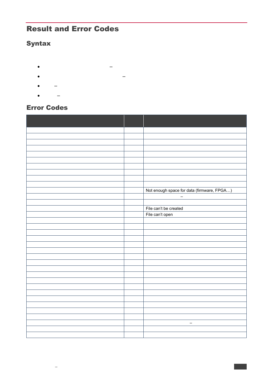 Result and error codes, Syntax, Error codes | Kramer 4x4 Audio and Dante Mixer User Manual | Page 51 / 53