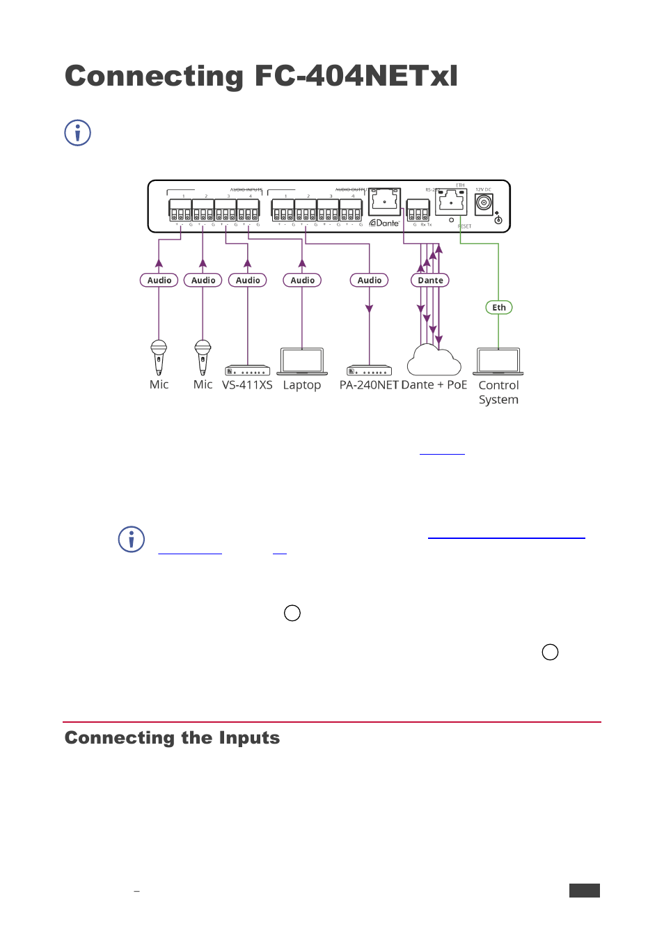 Connecting fc-404netxl, Connecting the inputs | Kramer 4x4 Audio and Dante Mixer User Manual | Page 8 / 53