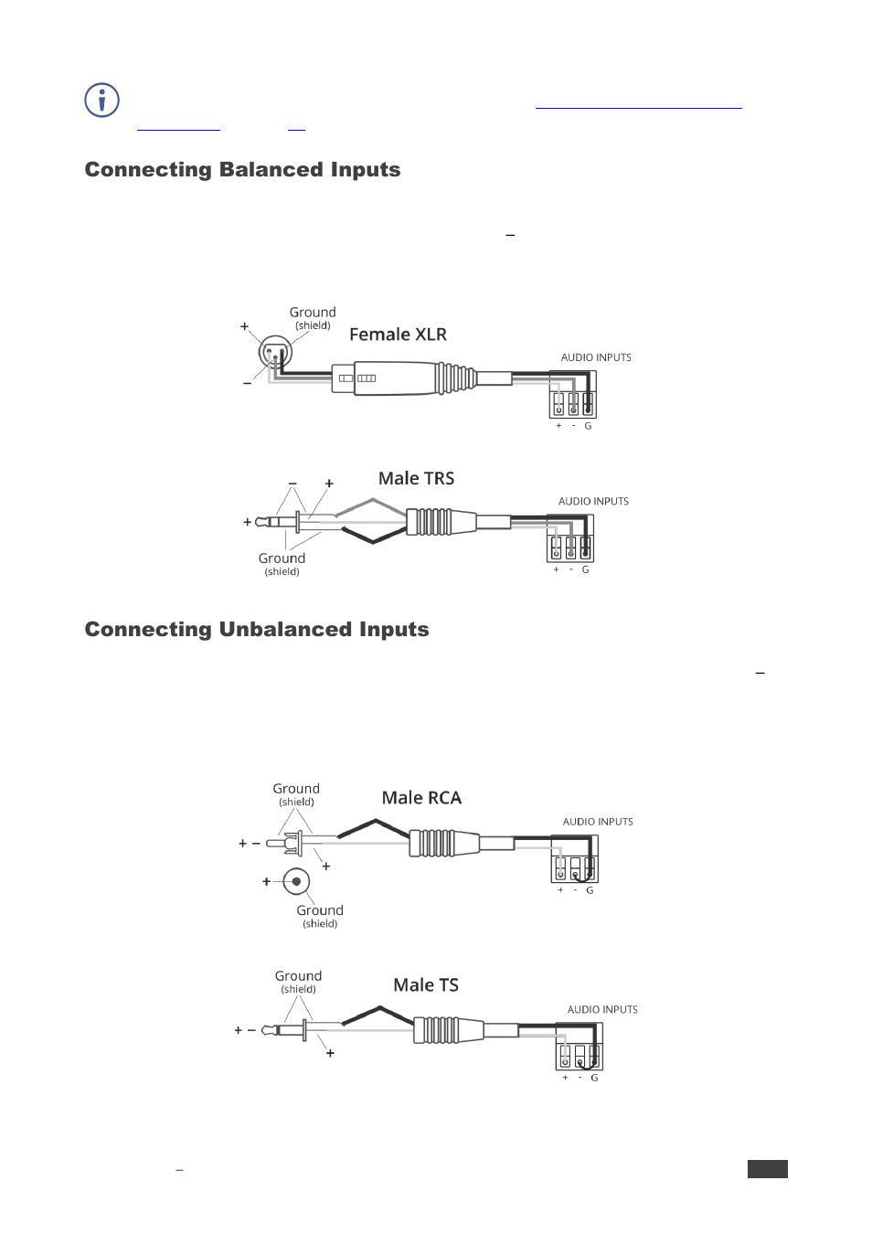 Connecting balanced inputs, Connecting unbalanced inputs | Kramer 4x4 Audio and Dante Mixer User Manual | Page 9 / 53