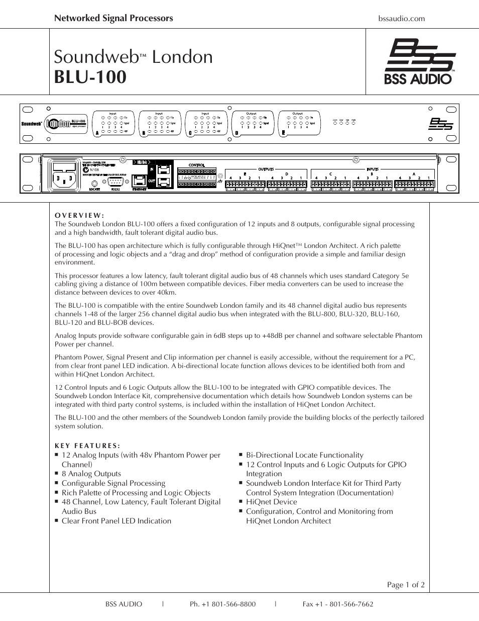 BSS Audio Soundweb London BLU-100 12x8 Signal Processor with BLU Link User Manual | 2 pages