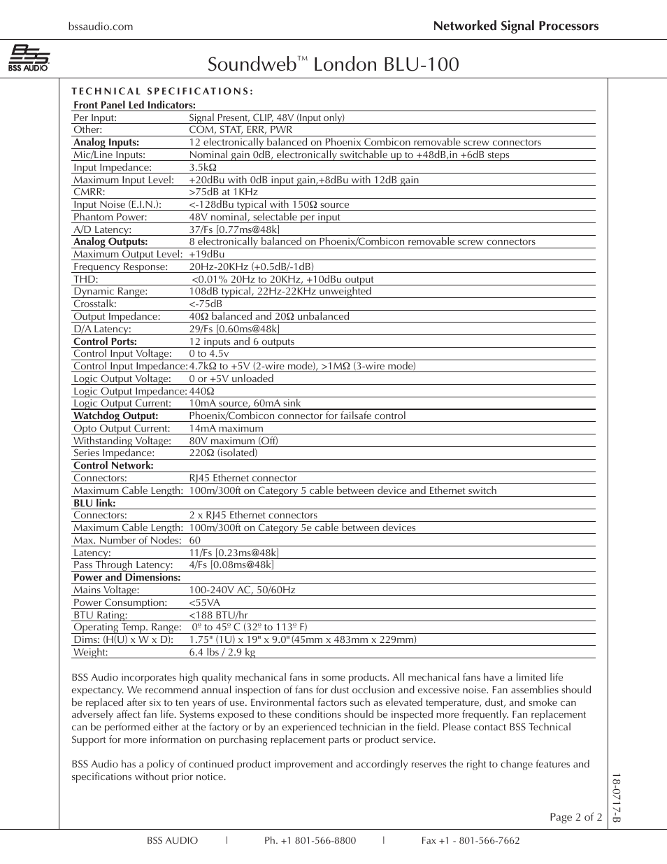 Soundweb, London blu-100, Networked signal processors | BSS Audio Soundweb London BLU-100 12x8 Signal Processor with BLU Link User Manual | Page 2 / 2