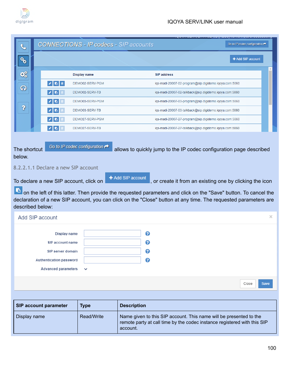 1 declare a new sip account | Digigram Software for IQOYA SERV/LINK 88 (Upgrades from 8 Codecs to 16) User Manual | Page 100 / 160