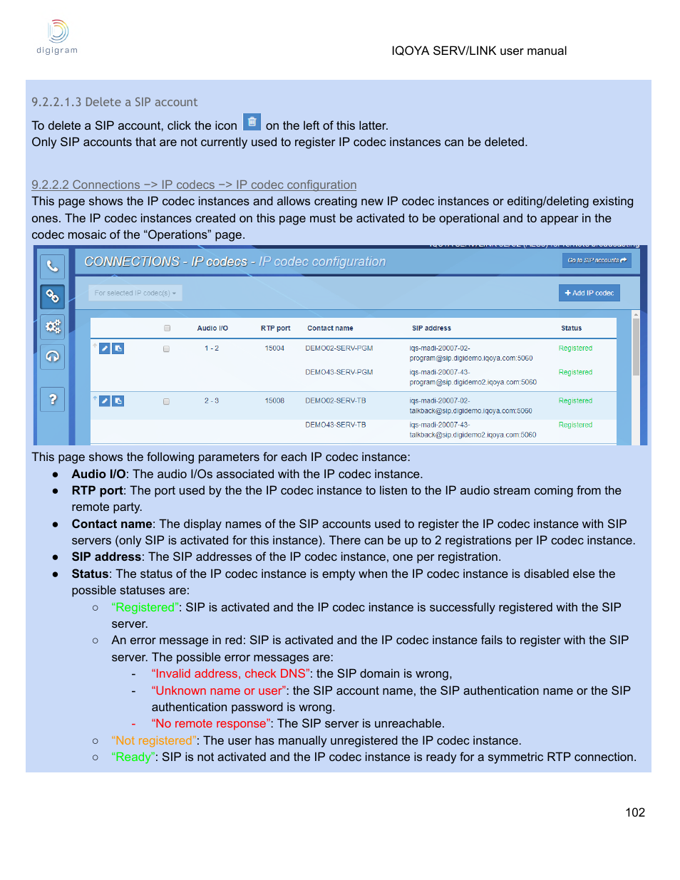 3 delete a sip account | Digigram Software for IQOYA SERV/LINK 88 (Upgrades from 8 Codecs to 16) User Manual | Page 102 / 160