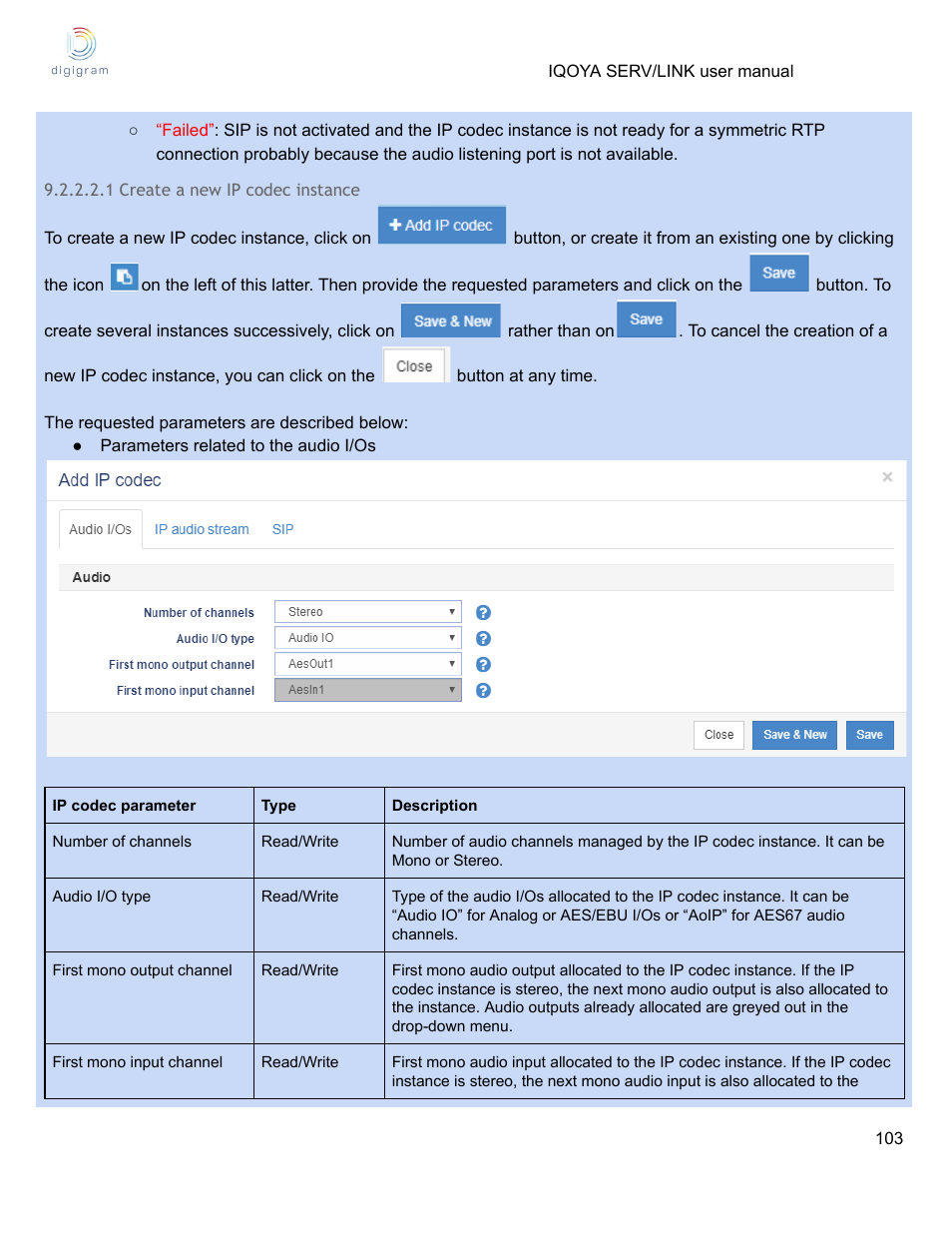 1 create a new ip codec instance | Digigram Software for IQOYA SERV/LINK 88 (Upgrades from 8 Codecs to 16) User Manual | Page 103 / 160
