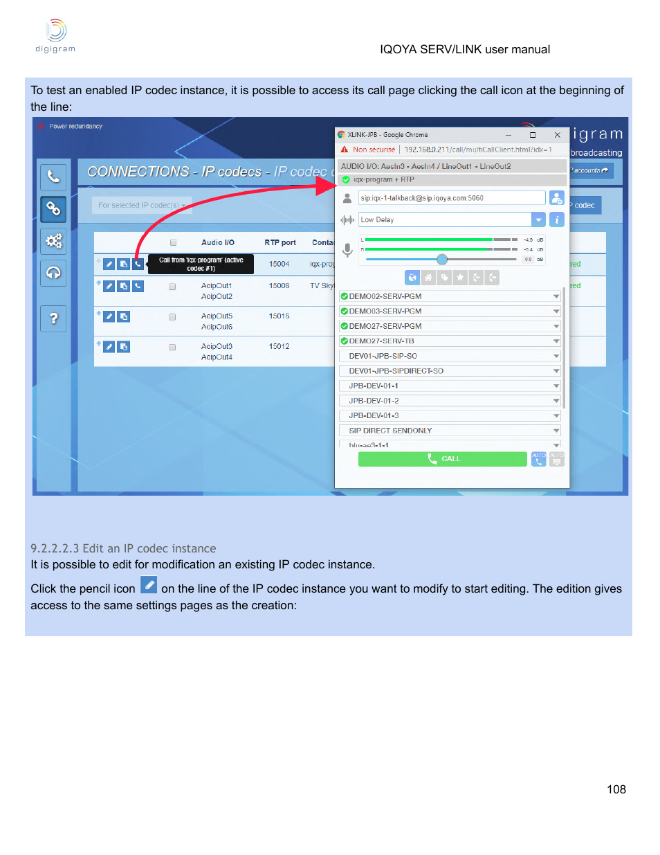 3 edit an ip codec instance | Digigram Software for IQOYA SERV/LINK 88 (Upgrades from 8 Codecs to 16) User Manual | Page 108 / 160