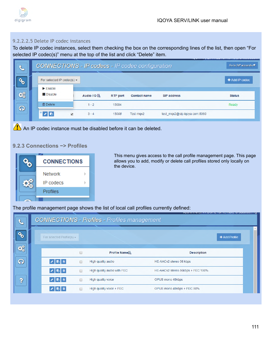 5 delete ip codec instances, 3 connections −> profiles | Digigram Software for IQOYA SERV/LINK 88 (Upgrades from 8 Codecs to 16) User Manual | Page 111 / 160