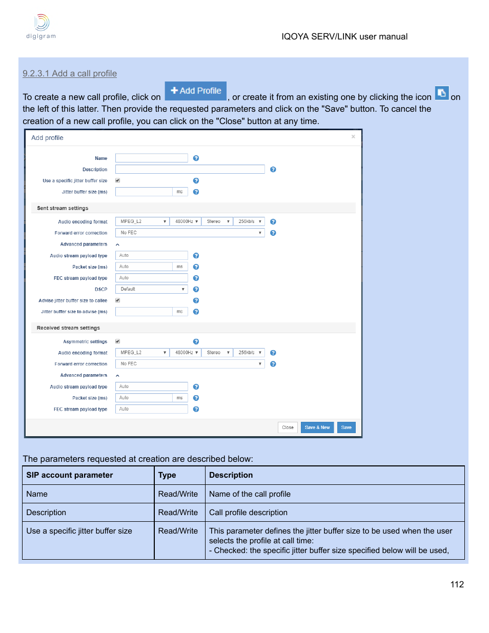 1 add a call profile | Digigram Software for IQOYA SERV/LINK 88 (Upgrades from 8 Codecs to 16) User Manual | Page 112 / 160