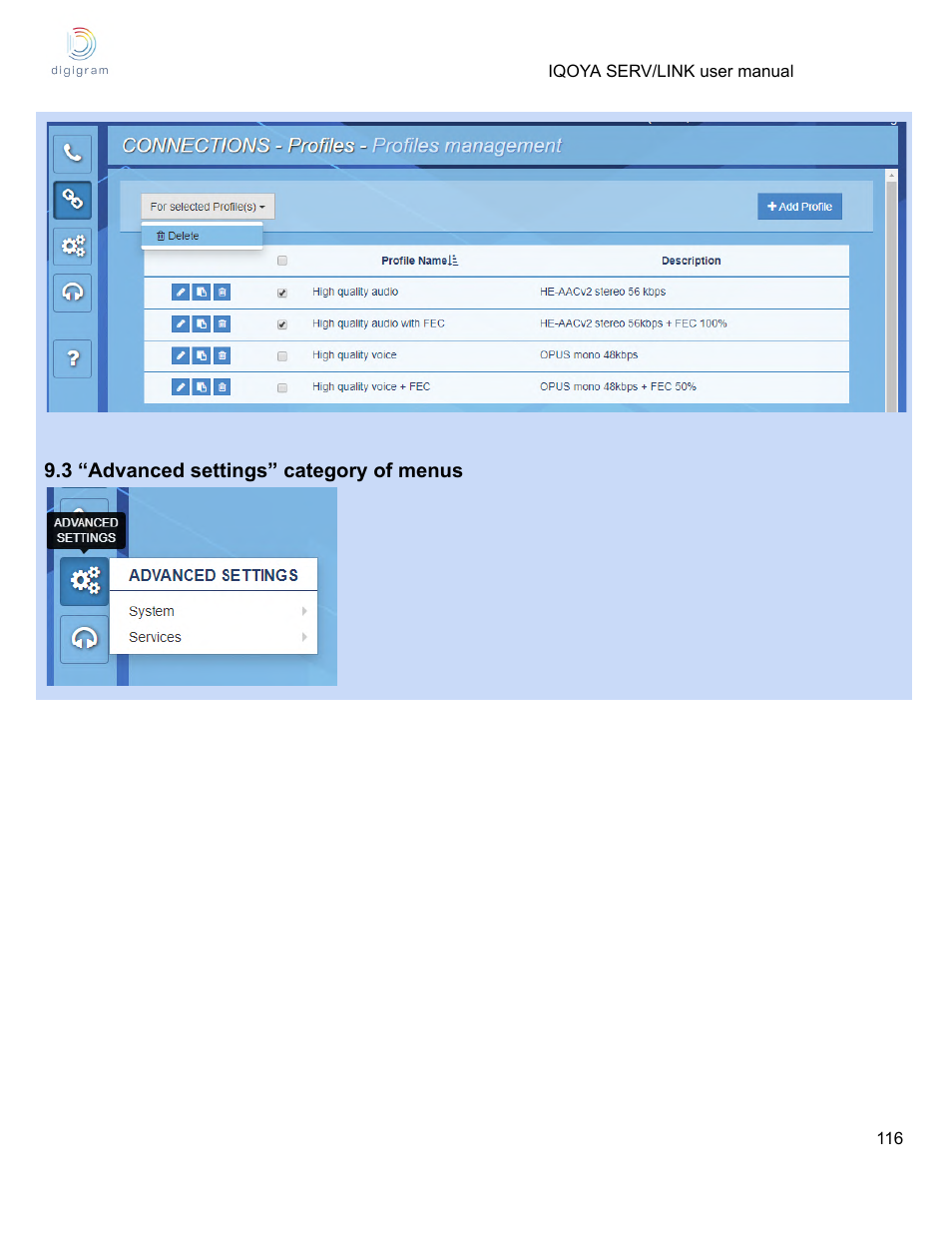 3 “advanced settings” category of menus | Digigram Software for IQOYA SERV/LINK 88 (Upgrades from 8 Codecs to 16) User Manual | Page 116 / 160