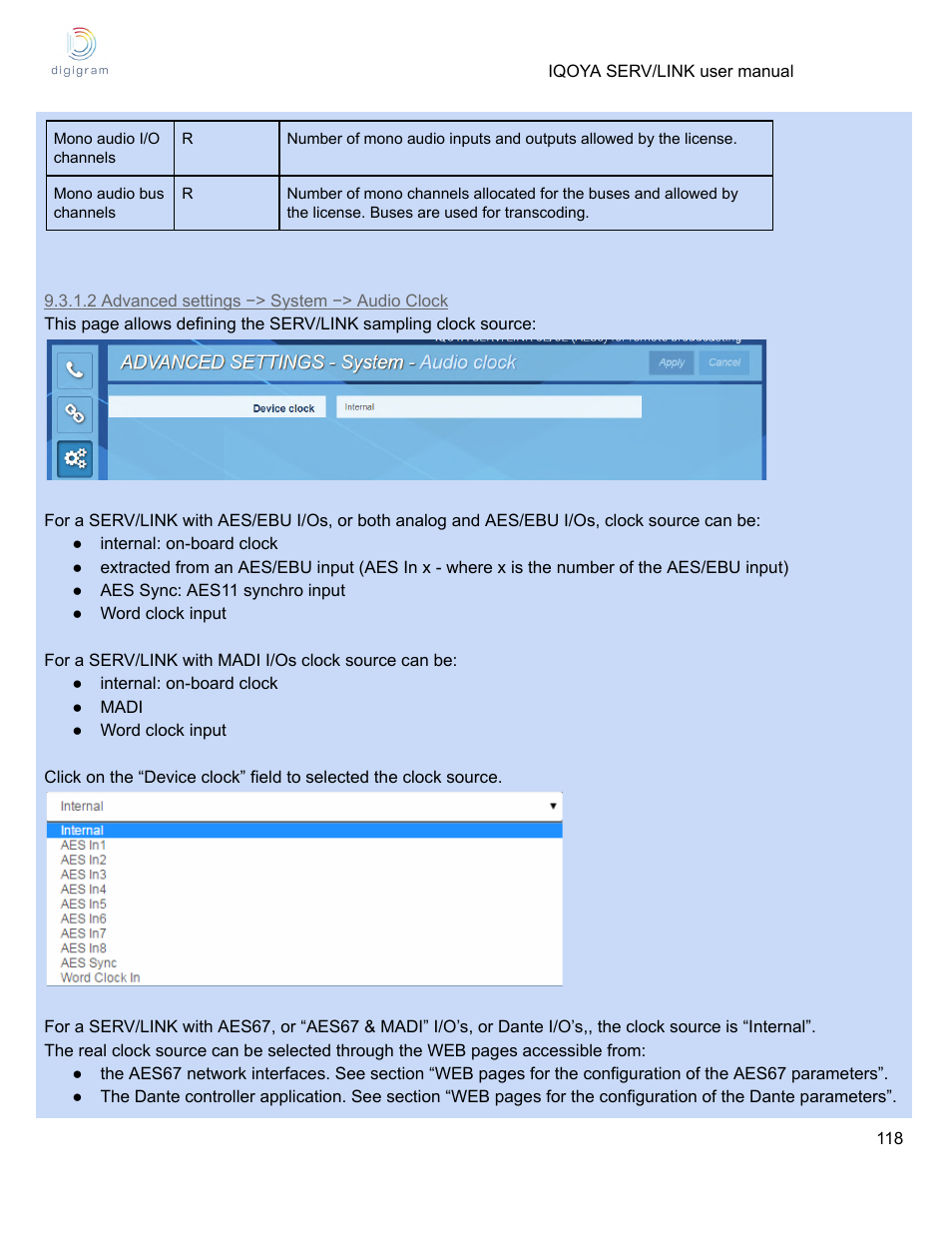 2 advanced settings −> system −> audio clock | Digigram Software for IQOYA SERV/LINK 88 (Upgrades from 8 Codecs to 16) User Manual | Page 118 / 160