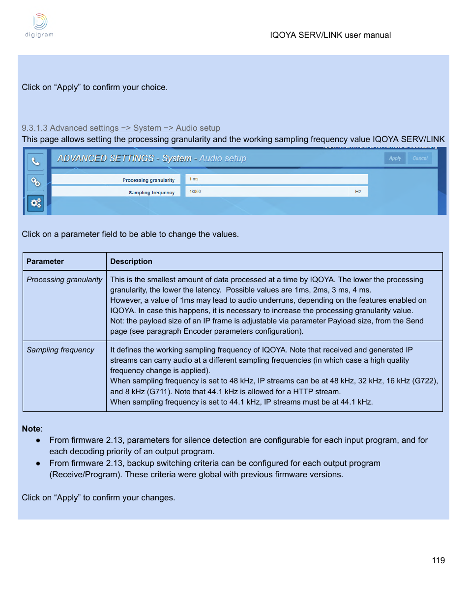 3 advanced settings −> system −> audio setup | Digigram Software for IQOYA SERV/LINK 88 (Upgrades from 8 Codecs to 16) User Manual | Page 119 / 160