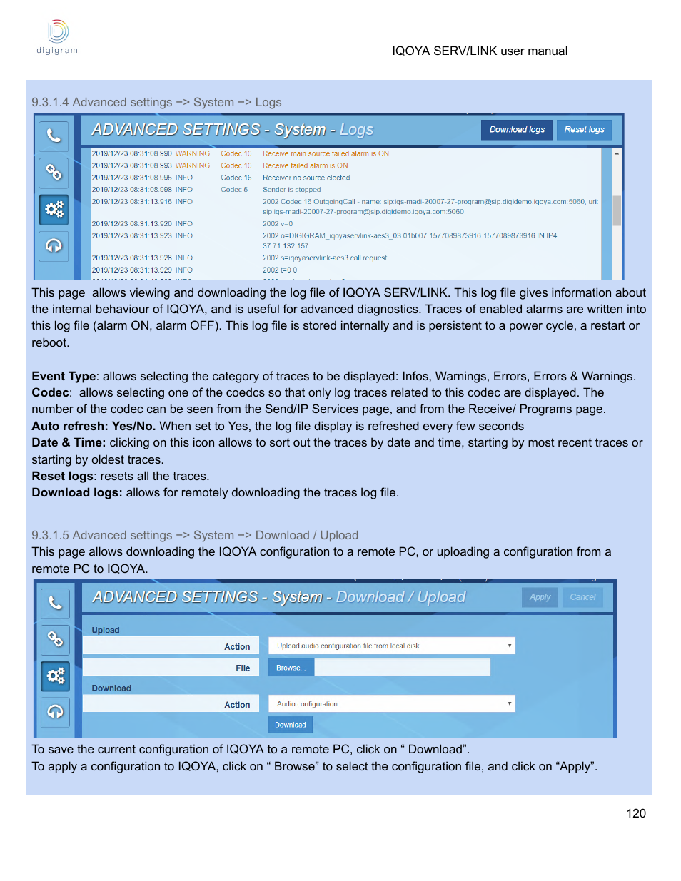 4 advanced settings −> system −> logs, 5 advanced settings −> system −> download / upload | Digigram Software for IQOYA SERV/LINK 88 (Upgrades from 8 Codecs to 16) User Manual | Page 120 / 160