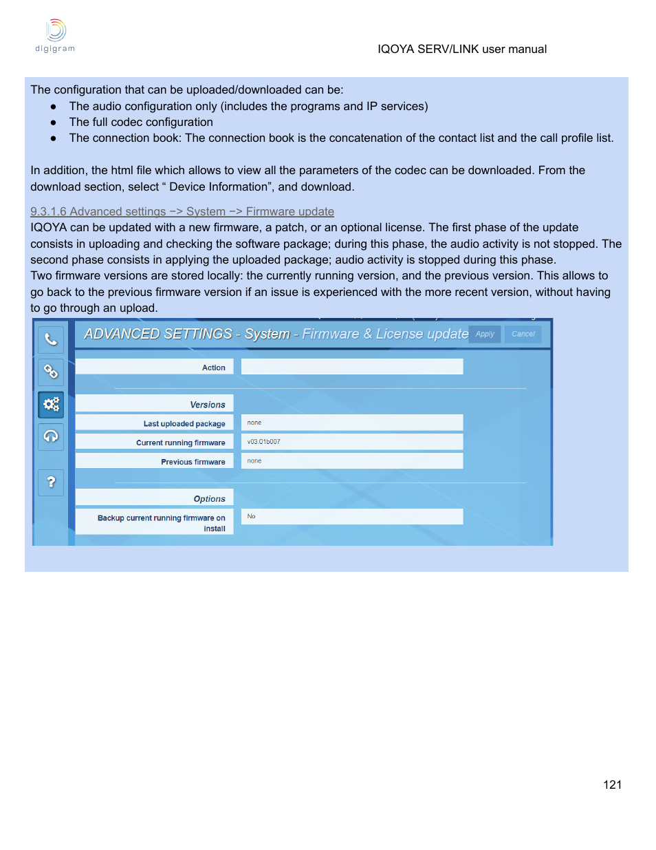 6 advanced settings −> system −> firmware update | Digigram Software for IQOYA SERV/LINK 88 (Upgrades from 8 Codecs to 16) User Manual | Page 121 / 160