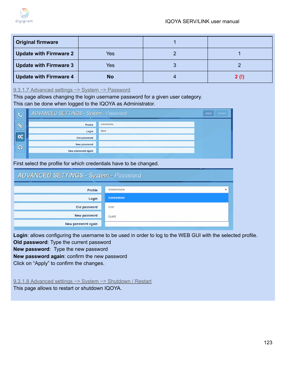 7 advanced settings −> system −> password | Digigram Software for IQOYA SERV/LINK 88 (Upgrades from 8 Codecs to 16) User Manual | Page 123 / 160