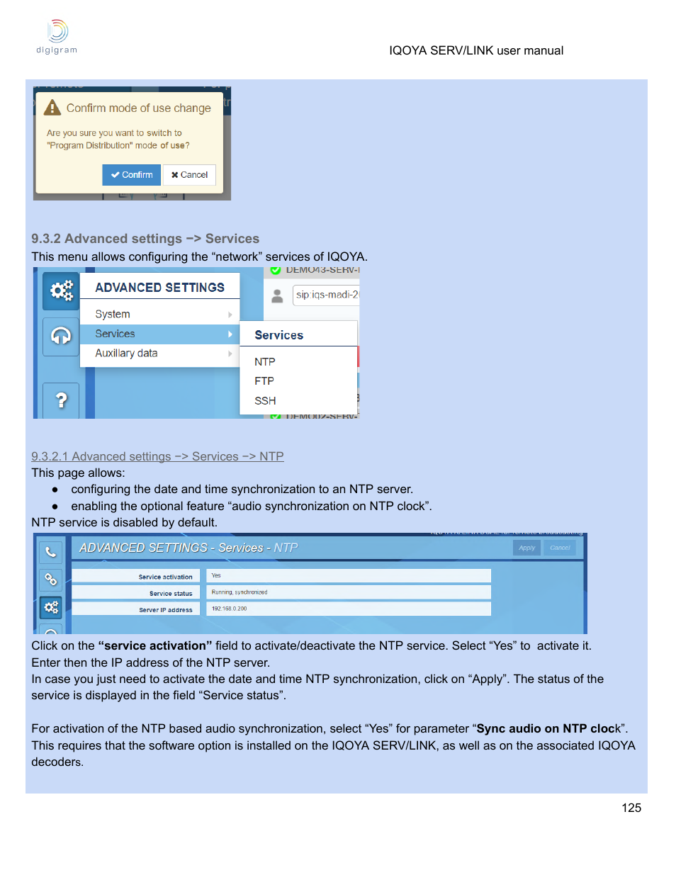 2 advanced settings −> services, 1 advanced settings −> services −> ntp | Digigram Software for IQOYA SERV/LINK 88 (Upgrades from 8 Codecs to 16) User Manual | Page 125 / 160