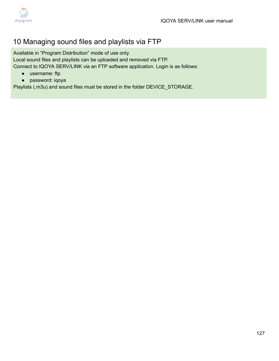 10 managing sound files and playlists via ftp | Digigram Software for IQOYA SERV/LINK 88 (Upgrades from 8 Codecs to 16) User Manual | Page 127 / 160