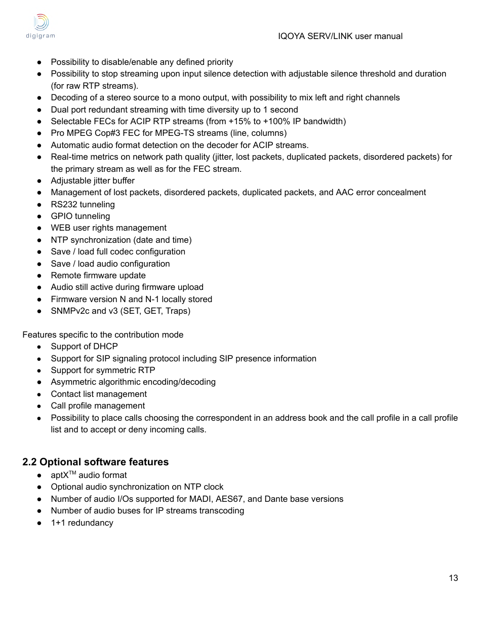 2 optional software features | Digigram Software for IQOYA SERV/LINK 88 (Upgrades from 8 Codecs to 16) User Manual | Page 13 / 160