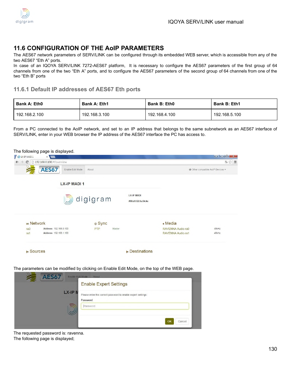 6 configuration of the aoip parameters, 1 default ip addresses of aes67 eth ports | Digigram Software for IQOYA SERV/LINK 88 (Upgrades from 8 Codecs to 16) User Manual | Page 130 / 160