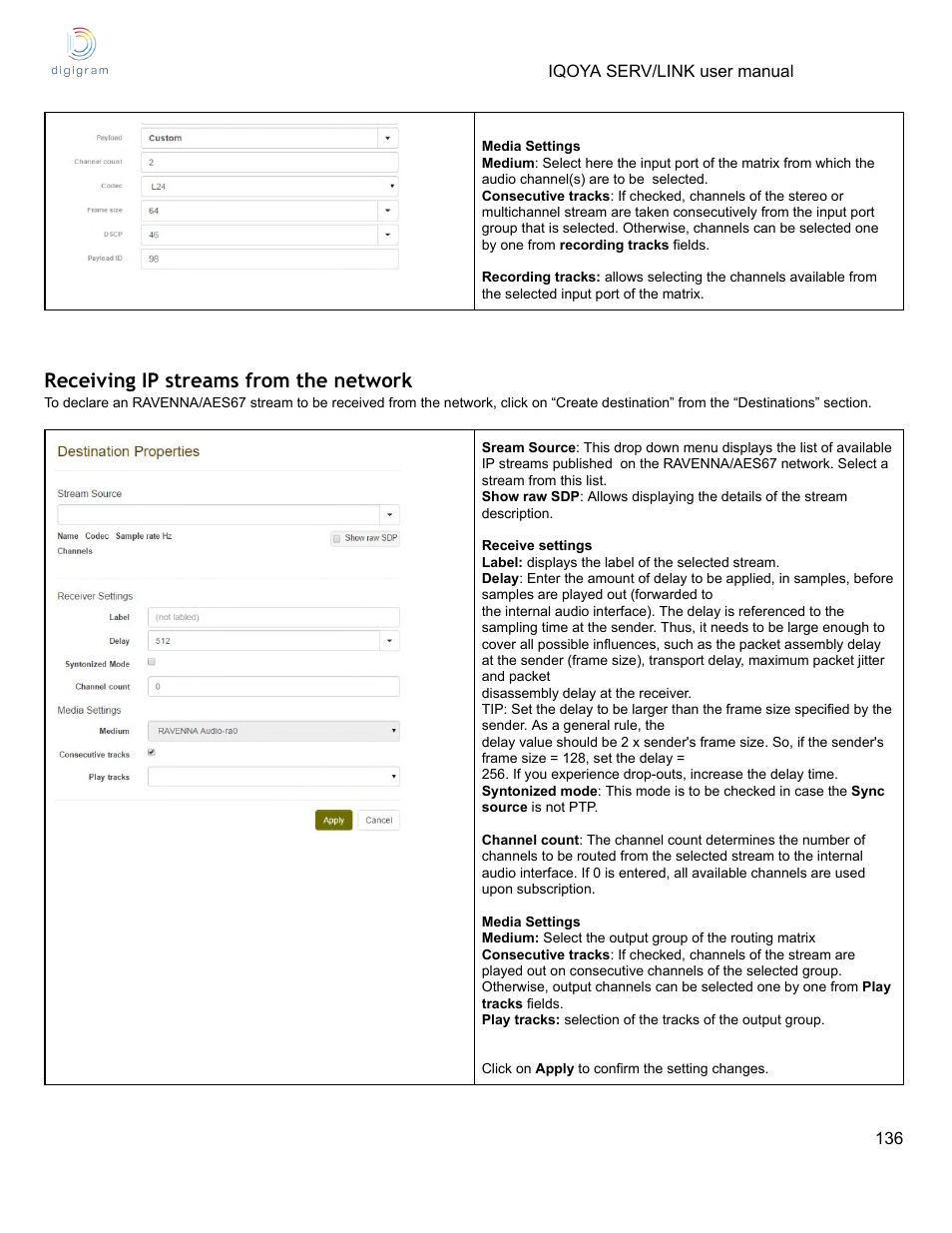 Receiving ip streams from the network | Digigram Software for IQOYA SERV/LINK 88 (Upgrades from 8 Codecs to 16) User Manual | Page 136 / 160