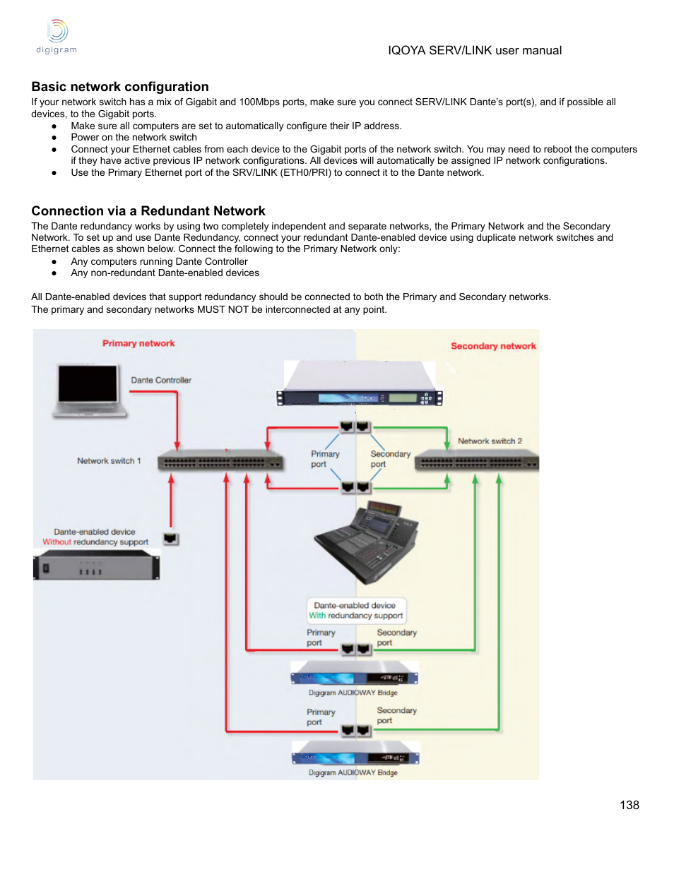 Basic network configuration, Connection via a redundant network | Digigram Software for IQOYA SERV/LINK 88 (Upgrades from 8 Codecs to 16) User Manual | Page 138 / 160