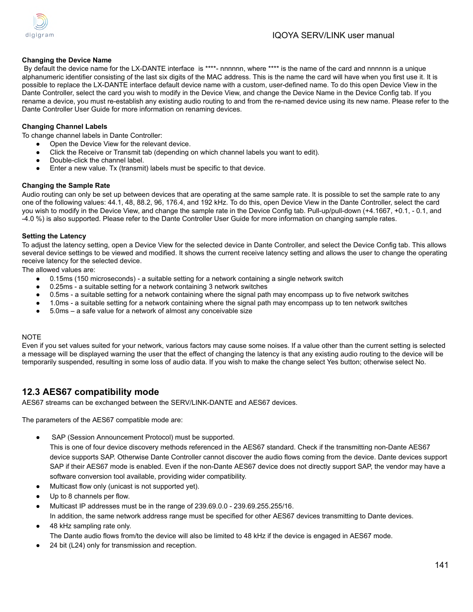 3 aes67 compatibility mode | Digigram Software for IQOYA SERV/LINK 88 (Upgrades from 8 Codecs to 16) User Manual | Page 141 / 160