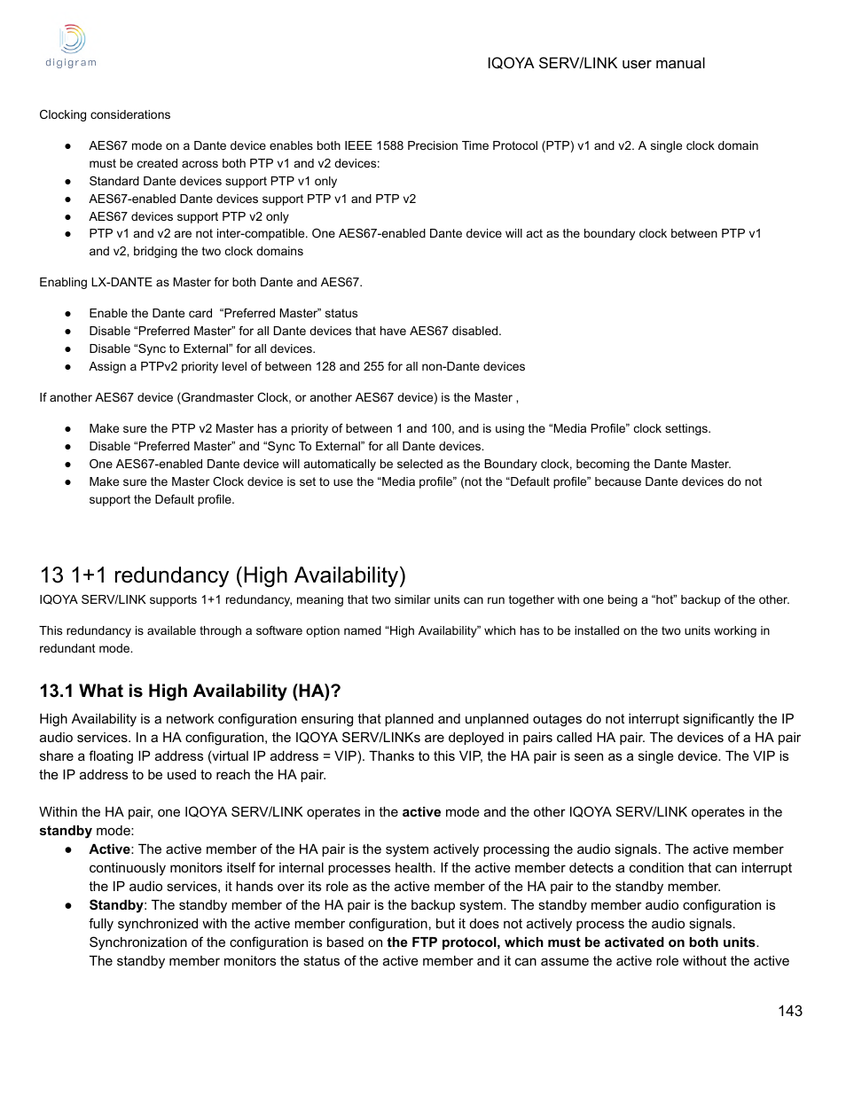 13 1+1 redundancy (high availability), 1 what is high availability (ha) | Digigram Software for IQOYA SERV/LINK 88 (Upgrades from 8 Codecs to 16) User Manual | Page 143 / 160