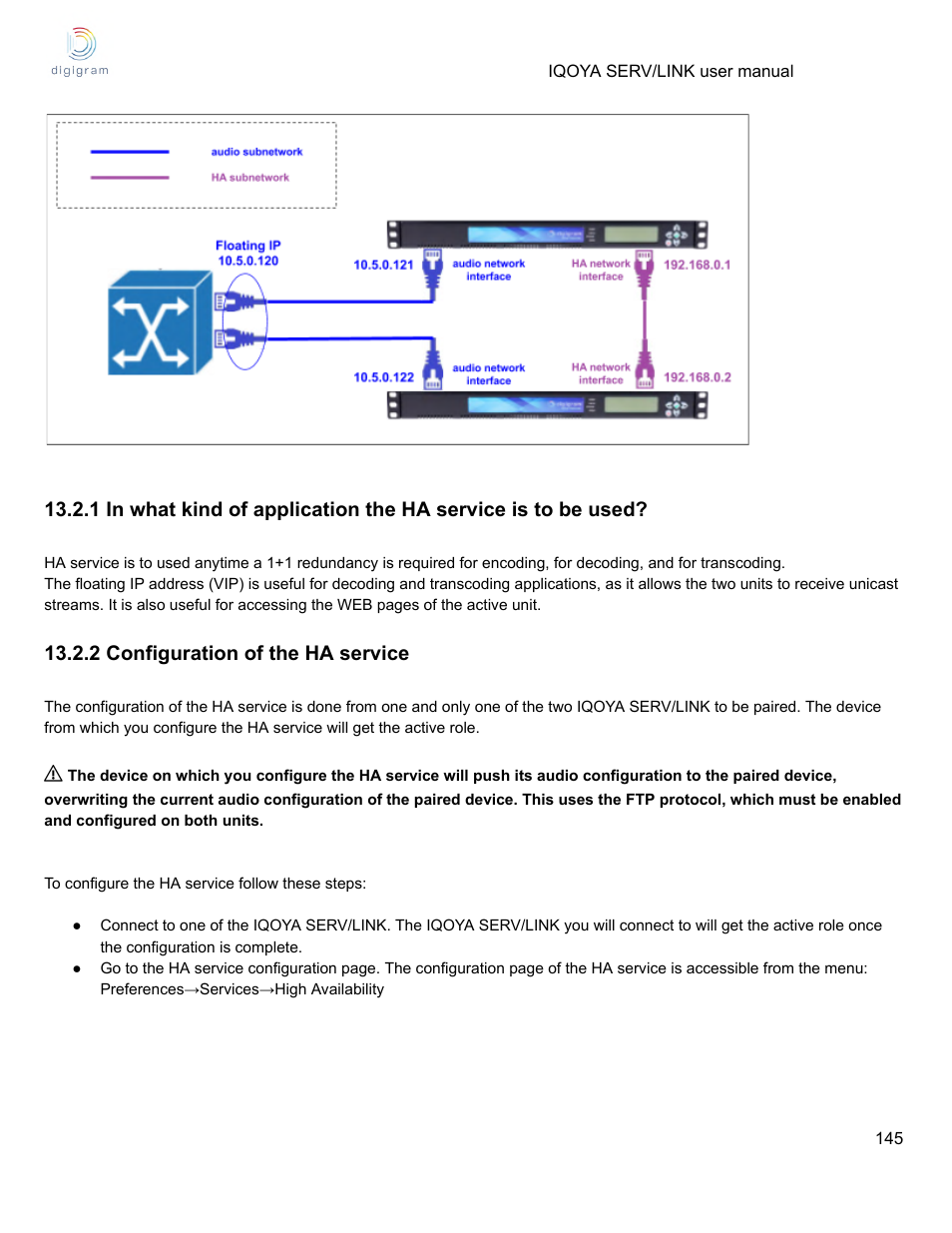 2 configuration of the ha service | Digigram Software for IQOYA SERV/LINK 88 (Upgrades from 8 Codecs to 16) User Manual | Page 145 / 160