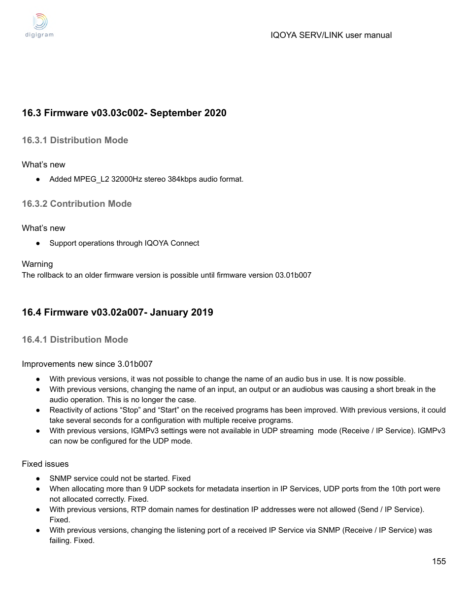 3 firmware v03.03c002- september 2020, 1 distribution mode, 2 contribution mode | 4 firmware v03.02a007- january 2019 | Digigram Software for IQOYA SERV/LINK 88 (Upgrades from 8 Codecs to 16) User Manual | Page 155 / 160
