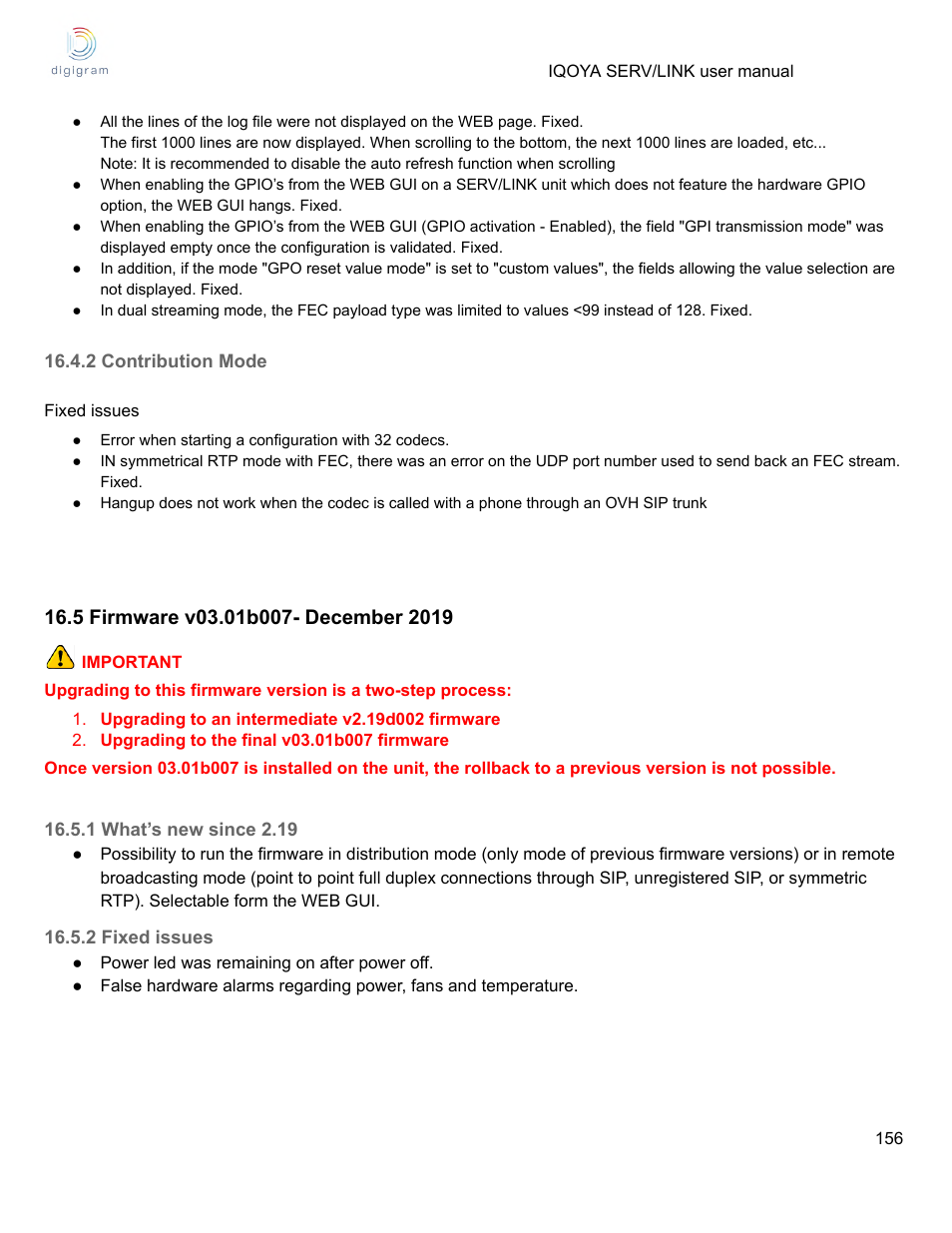 2 contribution mode, 5 firmware v03.01b007- december 2019, 1 what’s new since 2.19 | 2 fixed issues | Digigram Software for IQOYA SERV/LINK 88 (Upgrades from 8 Codecs to 16) User Manual | Page 156 / 160