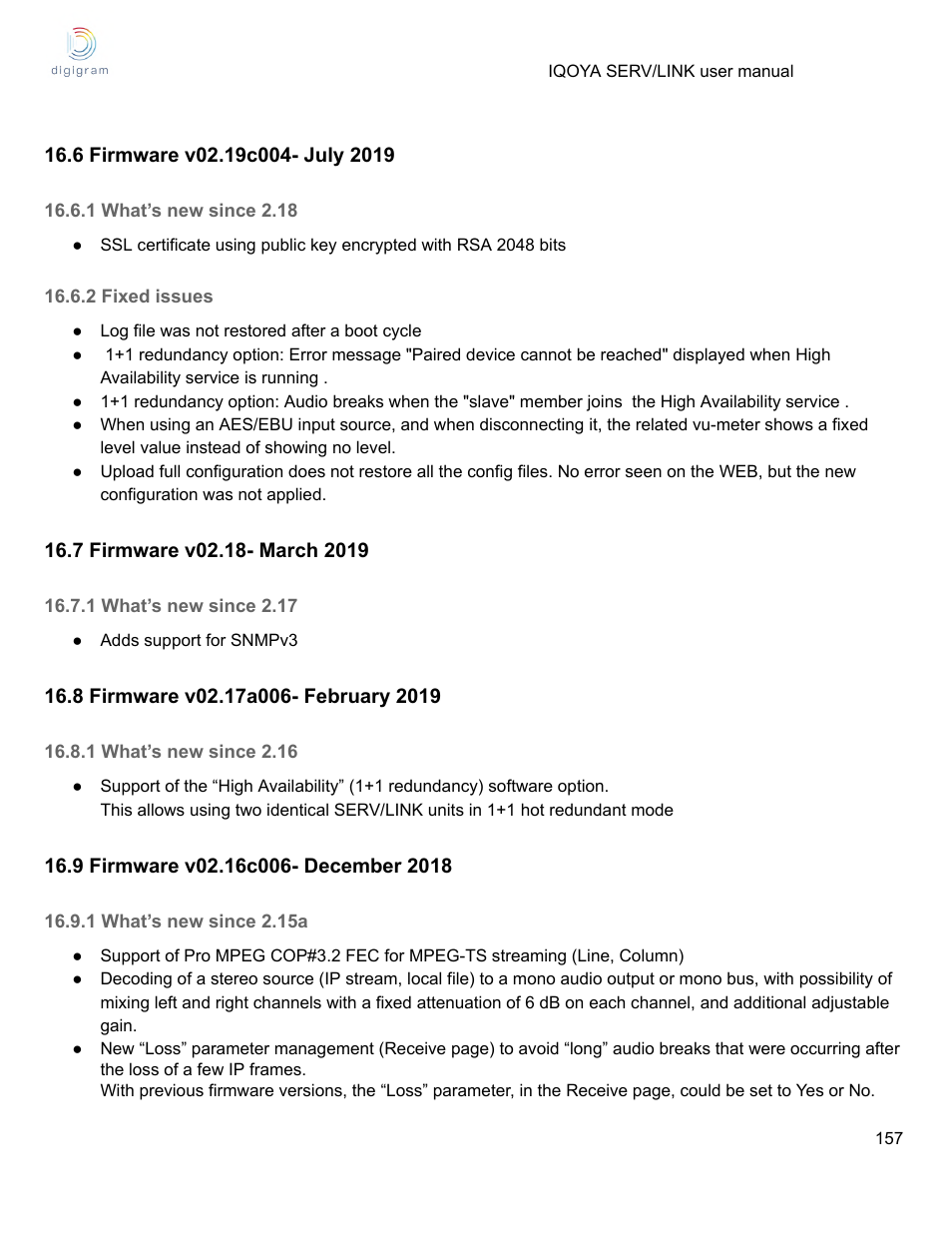 6 firmware v02.19c004- july 2019, 1 what’s new since 2.18, 2 fixed issues | 7 firmware v02.18- march 2019, 1 what’s new since 2.17, 8 firmware v02.17a006- february 2019, 1 what’s new since 2.16, 9 firmware v02.16c006- december 2018, 1 what’s new since 2.15a | Digigram Software for IQOYA SERV/LINK 88 (Upgrades from 8 Codecs to 16) User Manual | Page 157 / 160