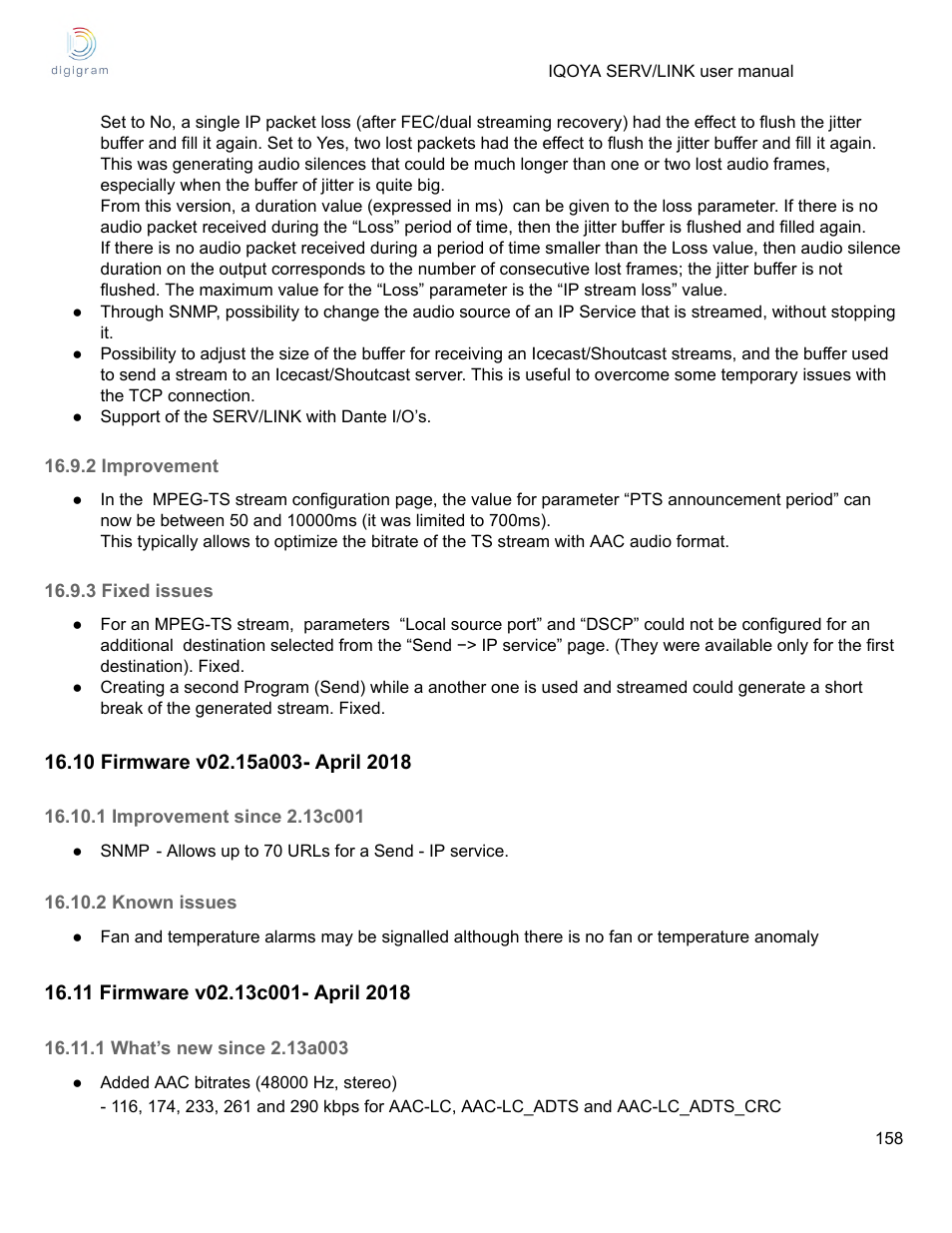 2 improvement, 3 fixed issues, 10 firmware v02.15a003- april 2018 | 1 improvement since 2.13c001, 2 known issues, 11 firmware v02.13c001- april 2018, 1 what’s new since 2.13a003 | Digigram Software for IQOYA SERV/LINK 88 (Upgrades from 8 Codecs to 16) User Manual | Page 158 / 160