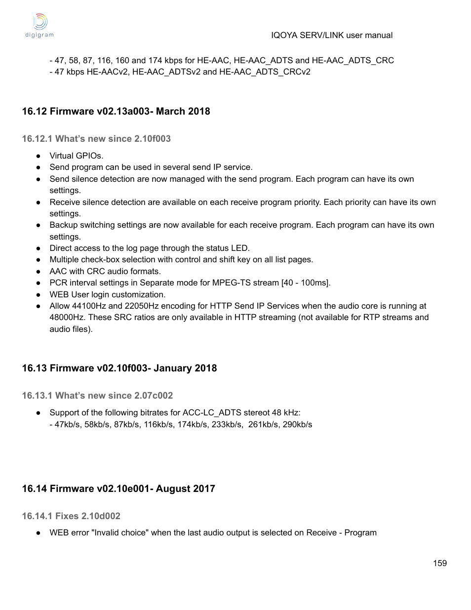 12 firmware v02.13a003- march 2018, 1 what’s new since 2.10f003, 13 firmware v02.10f003- january 2018 | 1 what’s new since 2.07c002, 14 firmware v02.10e001- august 2017, 1 fixes 2.10d002 | Digigram Software for IQOYA SERV/LINK 88 (Upgrades from 8 Codecs to 16) User Manual | Page 159 / 160