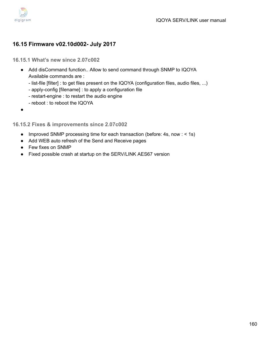 15 firmware v02.10d002- july 2017, 1 what’s new since 2.07c002, 2 fixes & improvements since 2.07c002 | Digigram Software for IQOYA SERV/LINK 88 (Upgrades from 8 Codecs to 16) User Manual | Page 160 / 160