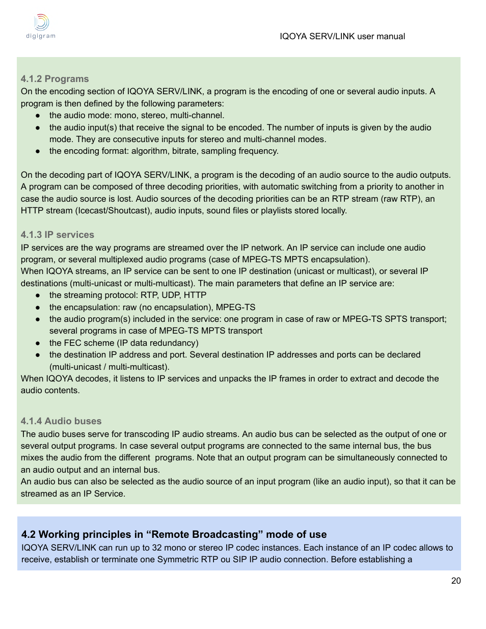 2 programs, 3 ip services, 4 audio buses | Digigram Software for IQOYA SERV/LINK 88 (Upgrades from 8 Codecs to 16) User Manual | Page 20 / 160