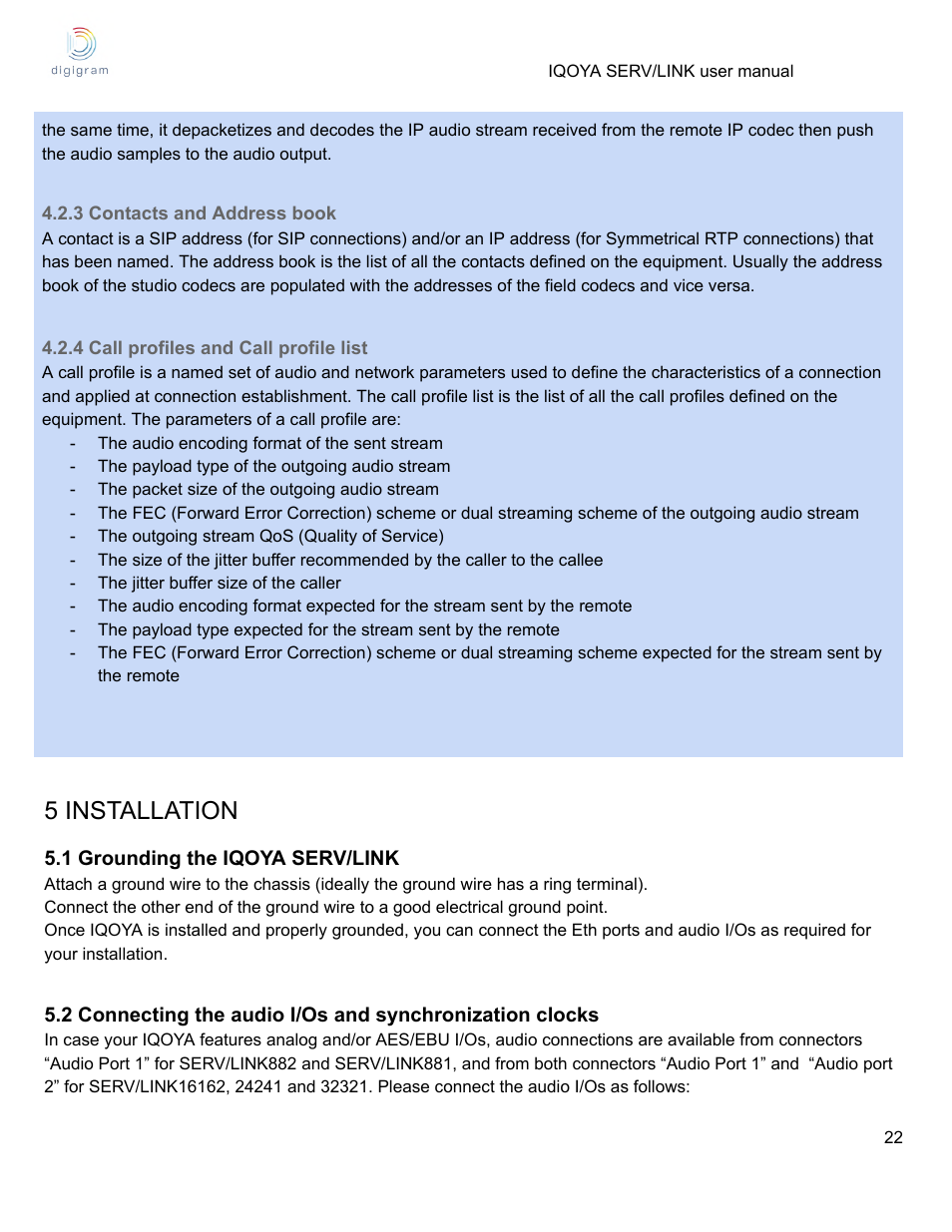 3 contacts and address book, 4 call profiles and call profile list, 5 installation | 1 grounding the iqoya serv/link | Digigram Software for IQOYA SERV/LINK 88 (Upgrades from 8 Codecs to 16) User Manual | Page 22 / 160