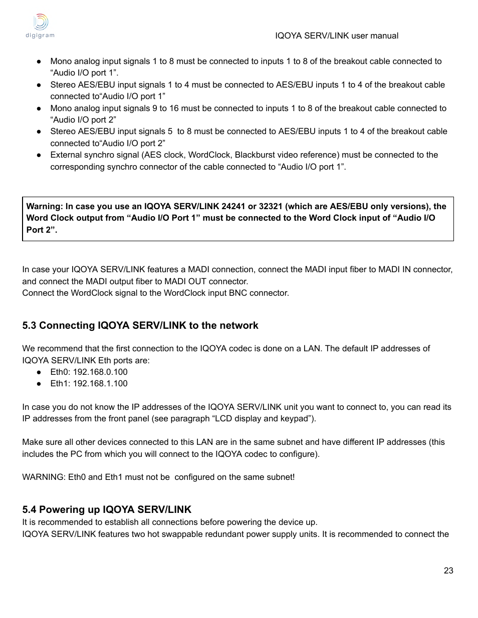 3 connecting iqoya serv/link to the network, 4 powering up iqoya serv/link | Digigram Software for IQOYA SERV/LINK 88 (Upgrades from 8 Codecs to 16) User Manual | Page 23 / 160