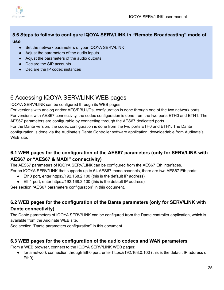 6 accessing iqoya serv/link web pages | Digigram Software for IQOYA SERV/LINK 88 (Upgrades from 8 Codecs to 16) User Manual | Page 25 / 160
