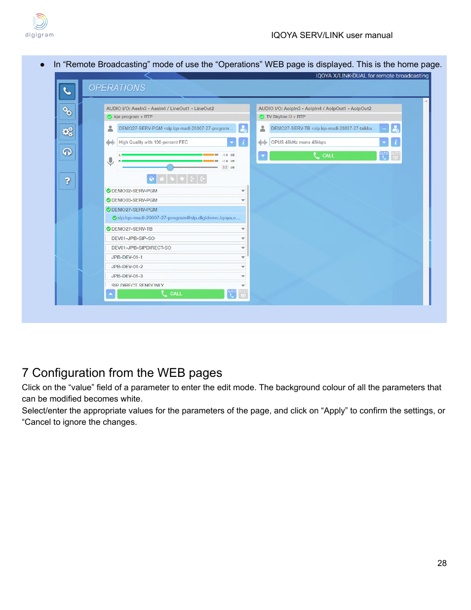 7 configuration from the web pages | Digigram Software for IQOYA SERV/LINK 88 (Upgrades from 8 Codecs to 16) User Manual | Page 28 / 160